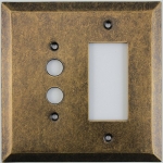 Jumbo Stamped Aged Antique Brass Two Gang Combo Wall Plate - One Push Button One GFI