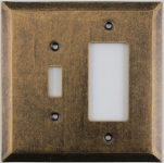 Jumbo Stamped Aged Antique Brass Two Gang Combo Wall Plate - One Toggle One GFI